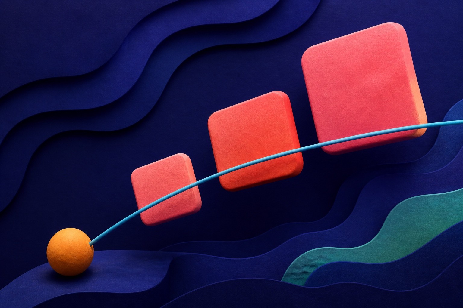 Bright video tiles rise along a measured cyan curve on a deep indigo editorial field.