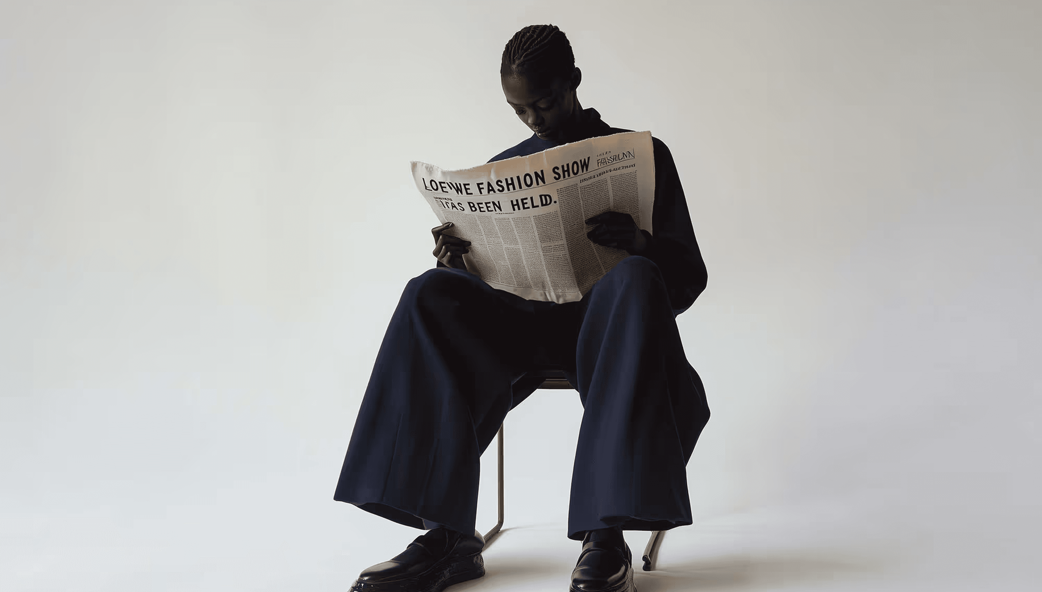 Woman reading Loewe fashion show newspaper