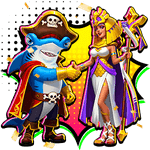Pirate shark and female character shaking hands, symbolizing the commission payout cycle and reward distribution time.