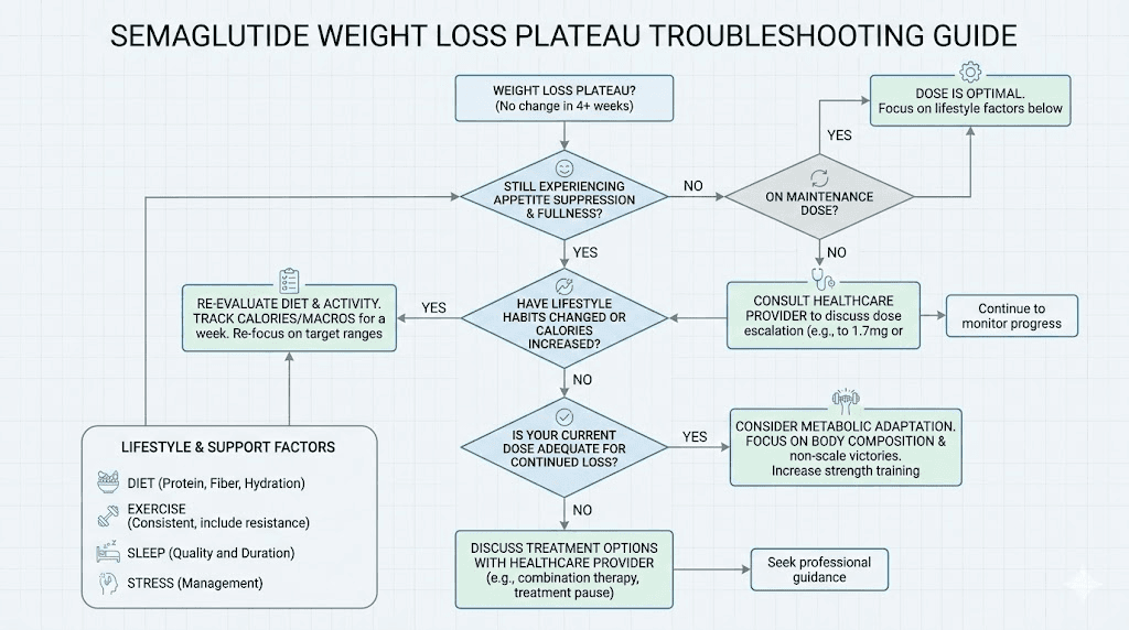 Semaglutide weight loss plateau troubleshooting flowchart with solutions