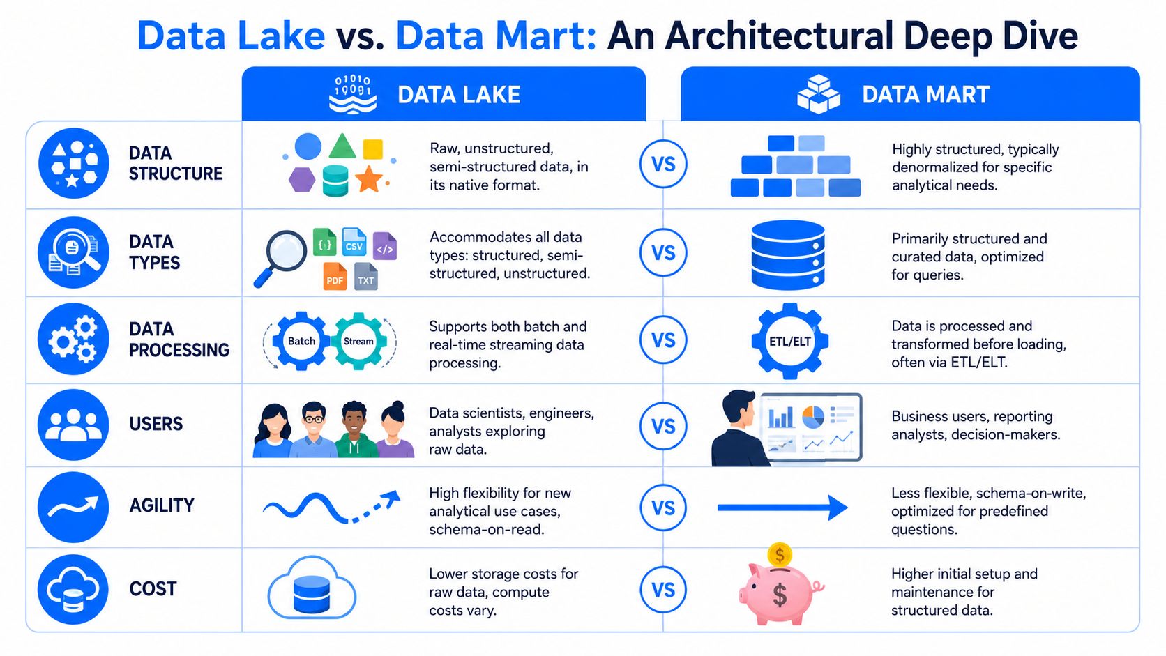 A comparison chart outlining key architectural differences between a data lake and a data mart.
