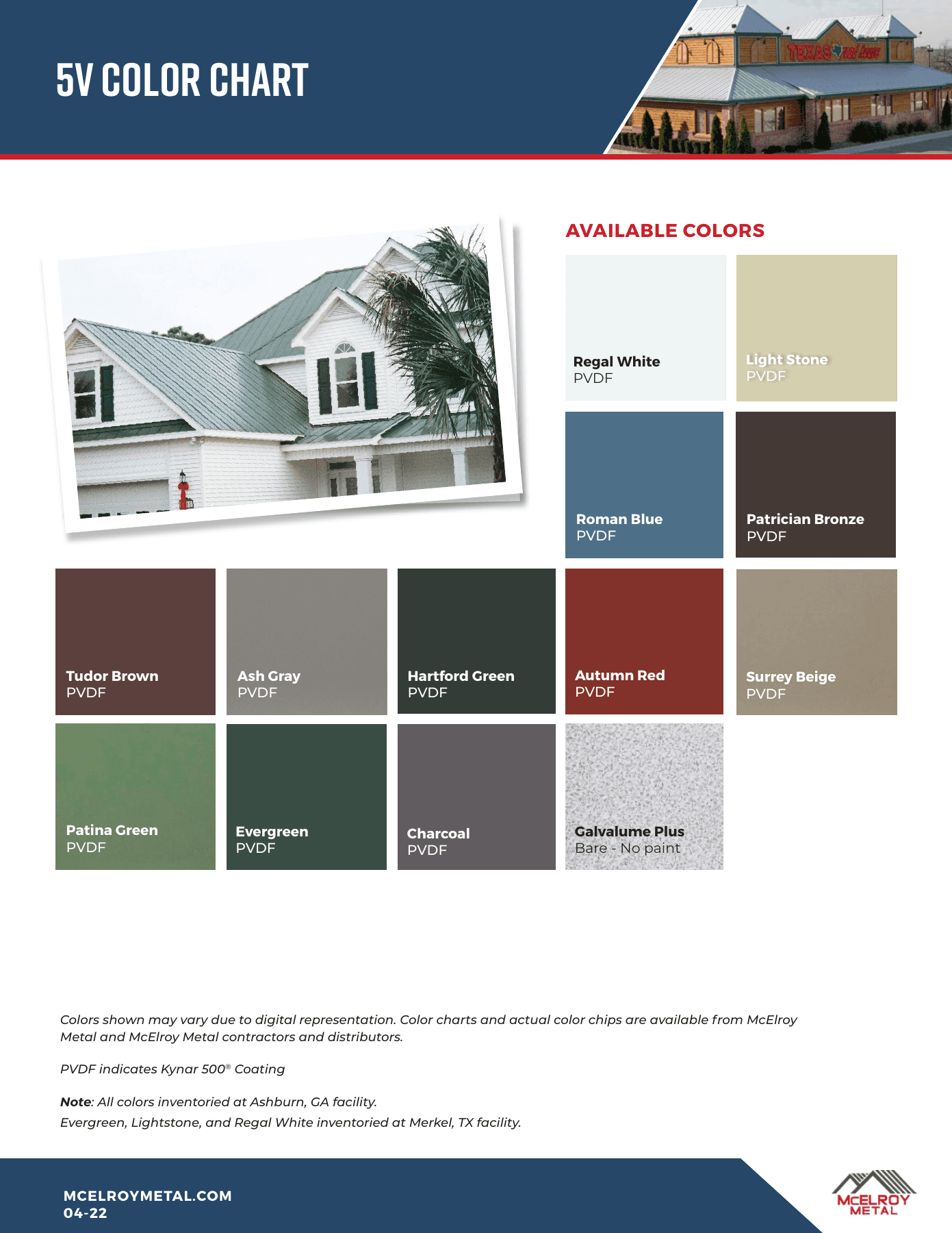 Official McElroy 5V roof color chart with painted PVDF colors and bare Galvalume Plus