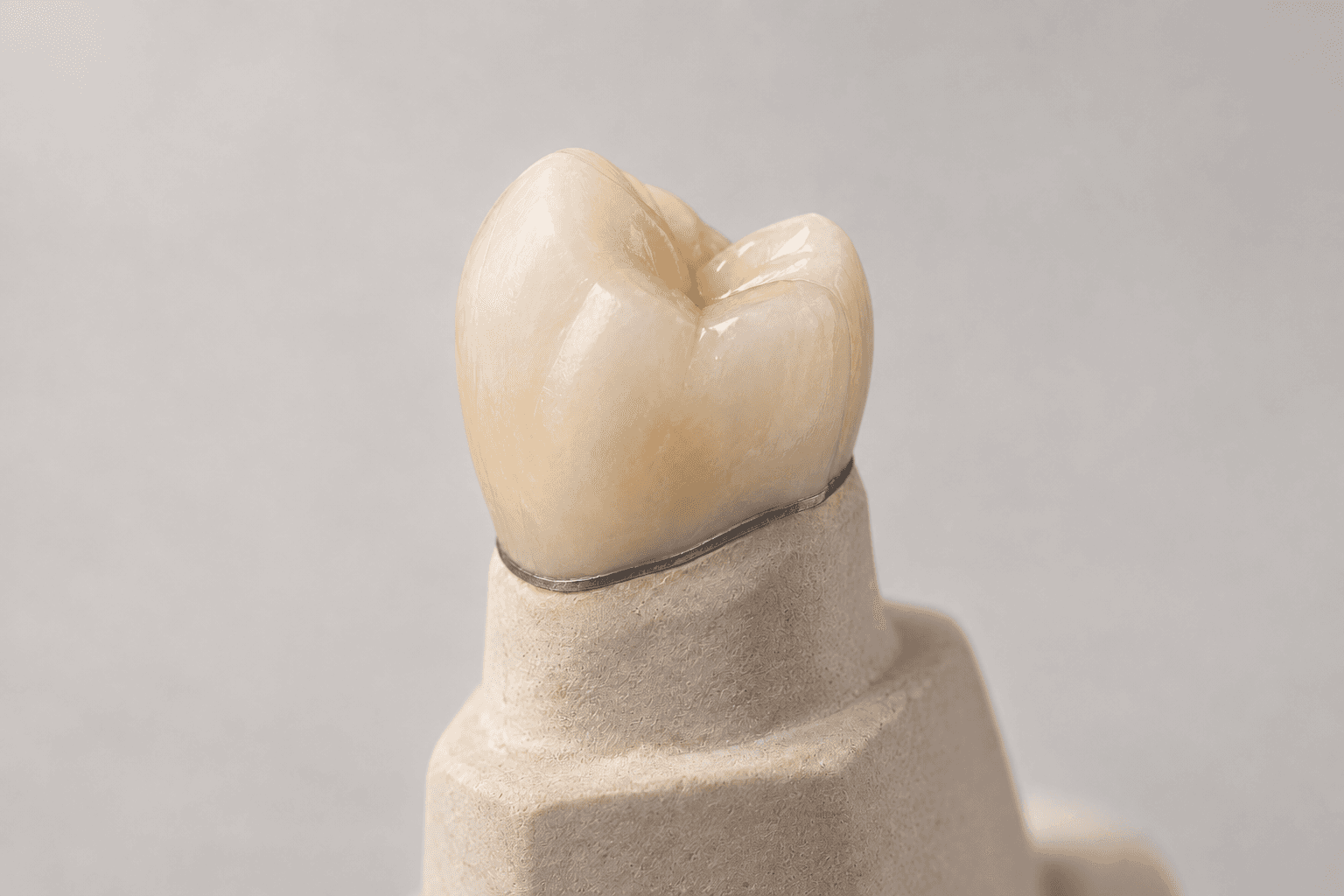 Concepto editorial: premolar de porcelana sobre estructura metálica, sentado sobre un troquel.