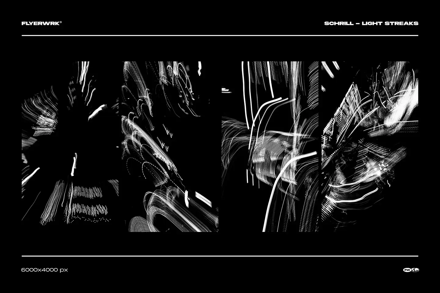 Four vertical monochrome light streak textures showing high-contrast white light trails against a solid black background.