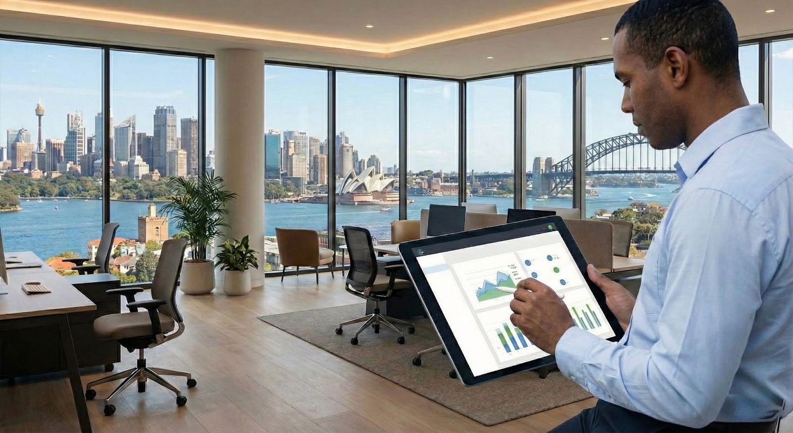 A facility manager in a modern office desk featuring a desktop computer monitor displaying a digital CMMS facility management dashboard, showing a work order status pie chart, asset health bar graph, and a map of property sites across Australia.