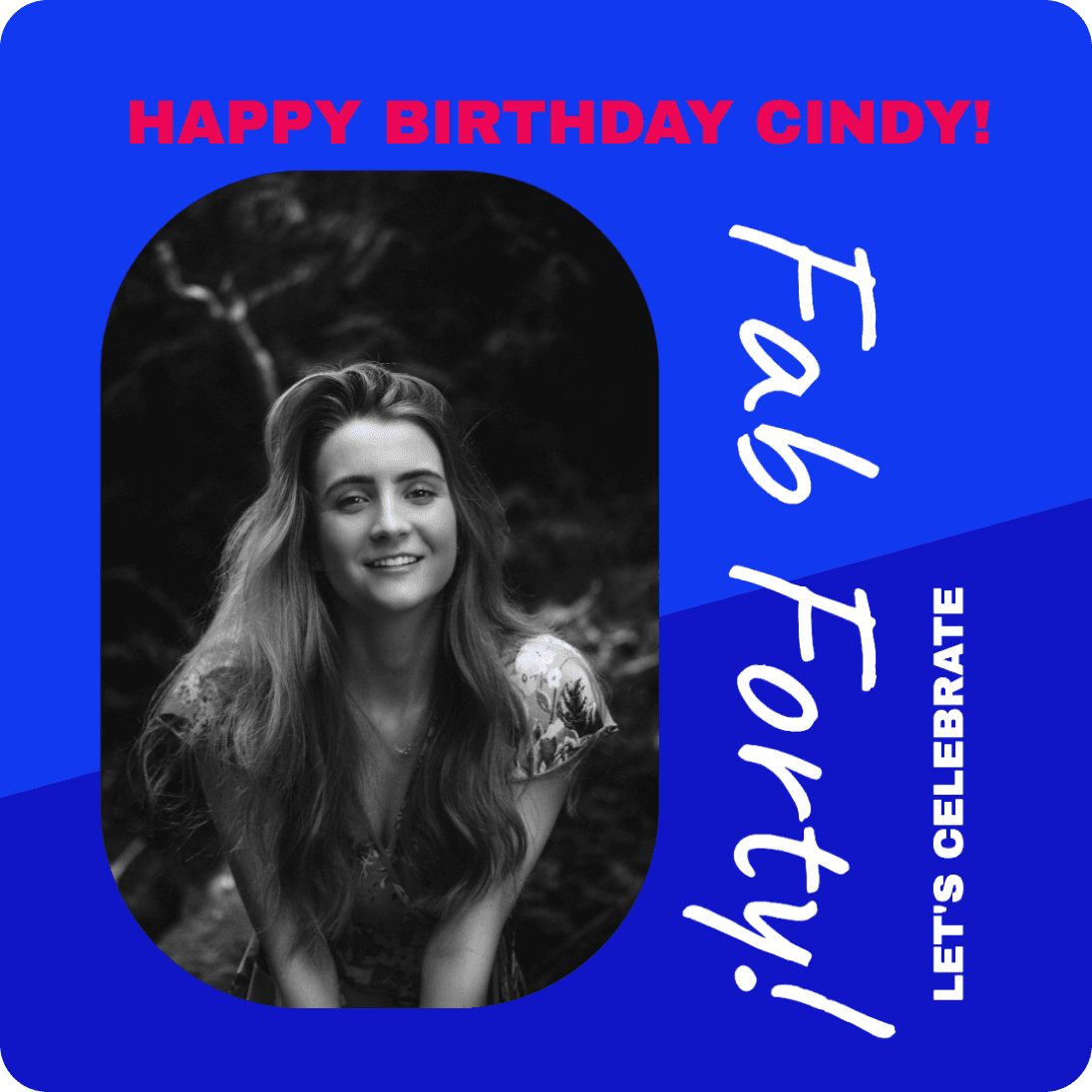 Blue birthday card template with a black-and-white portrait