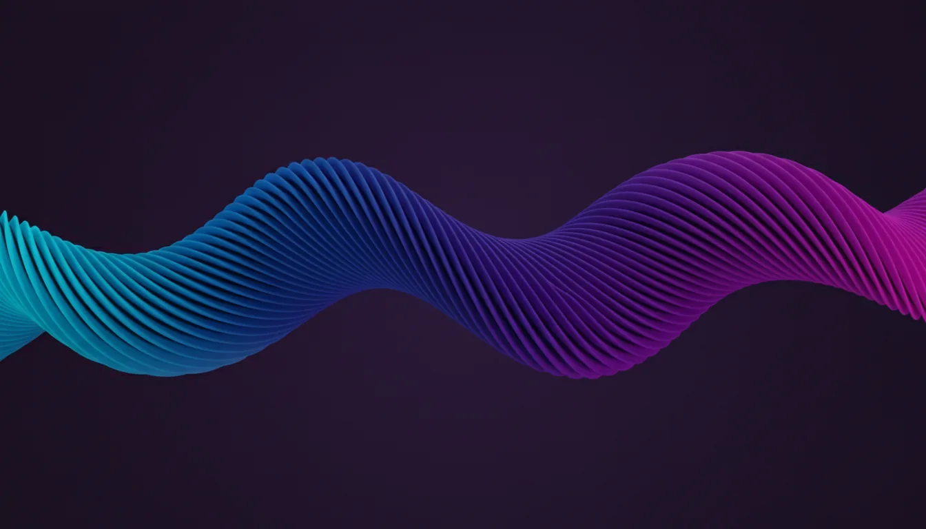 A high-fidelity 3D render in the style of Cinema 4D, featuring an abstract parametric sculpture composed of a series of thin, parallel fins with a smooth matte material, twisting in a dynamic, helical wave across the frame. The form is lit by a vibrant gradient of glowing light that transitions smoothly from electric cyan blue on the left to a vivid magenta purple on the right, set against a clean, dark purple studio backdrop with soft global illumination.
