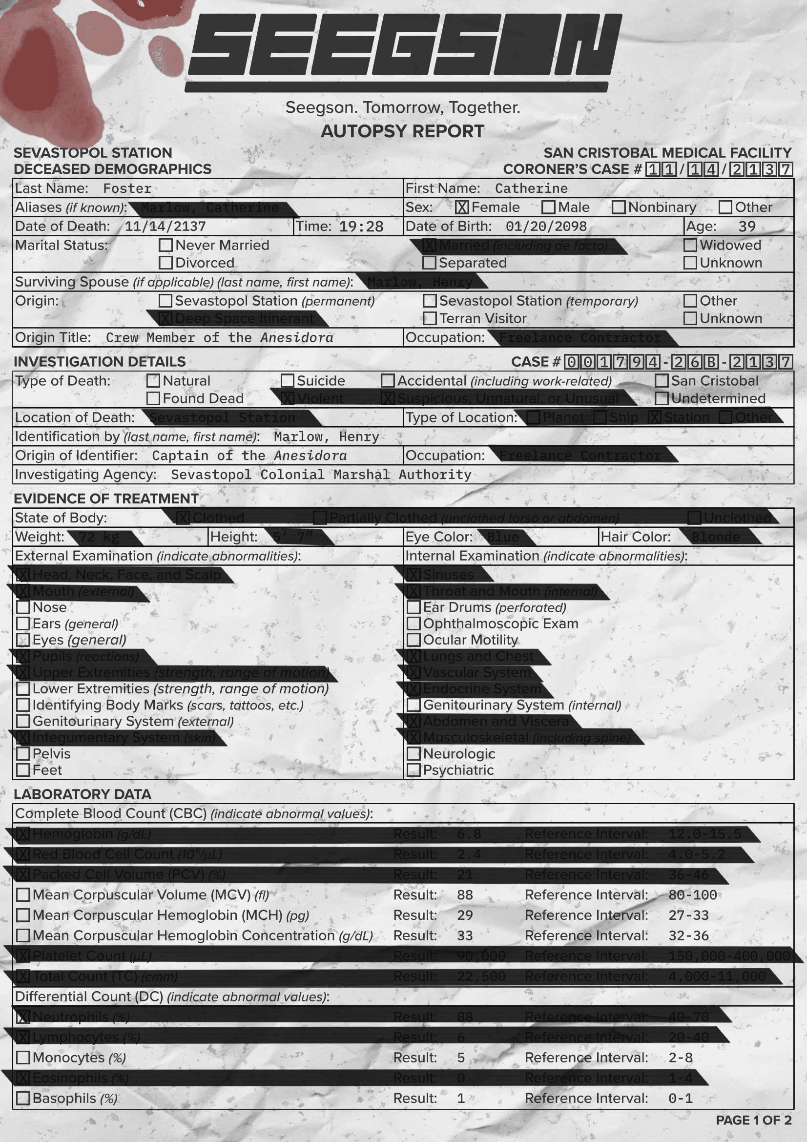 The first page of a declassified autopsy report about a character from the game Alien: Isolation (2014).
