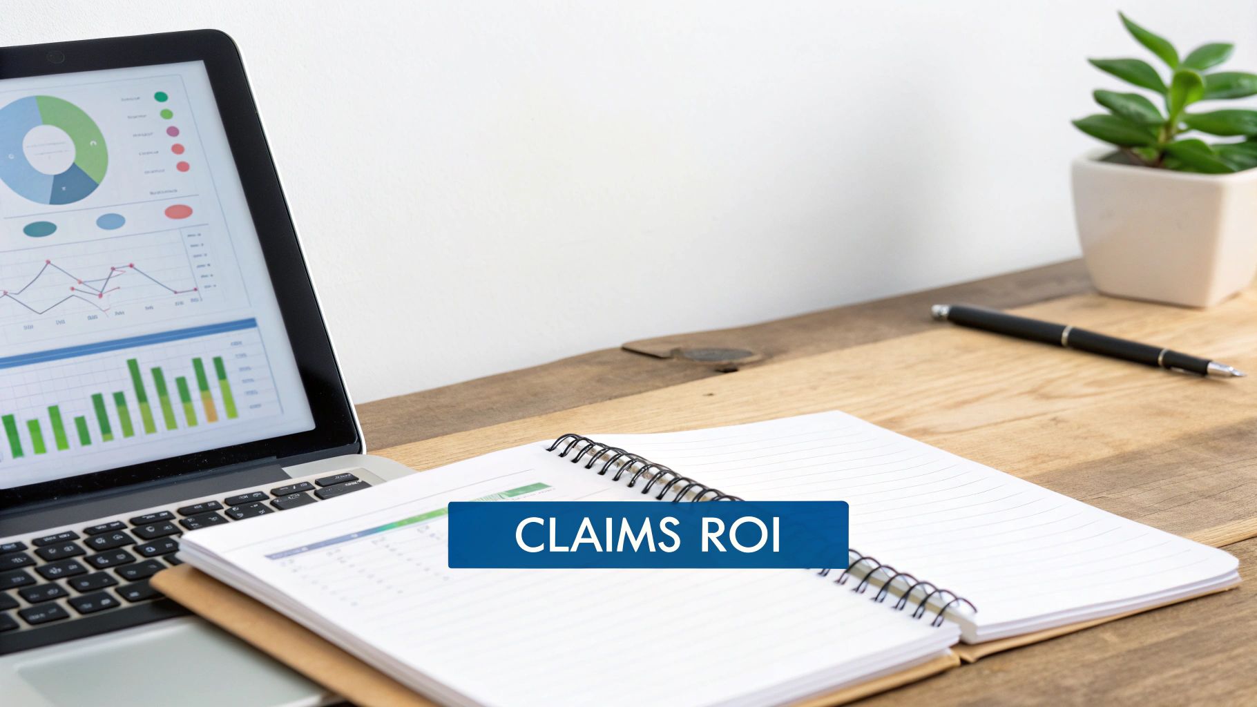 A laptop displays business charts and graphs next to an open notebook and pen, with 'CLAIMS ROI' text.
