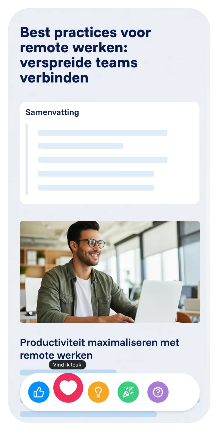 Spencer mobiele app met artikel over remote work, samenvatting, afbeelding en interactieve reacties onderaan het scherm