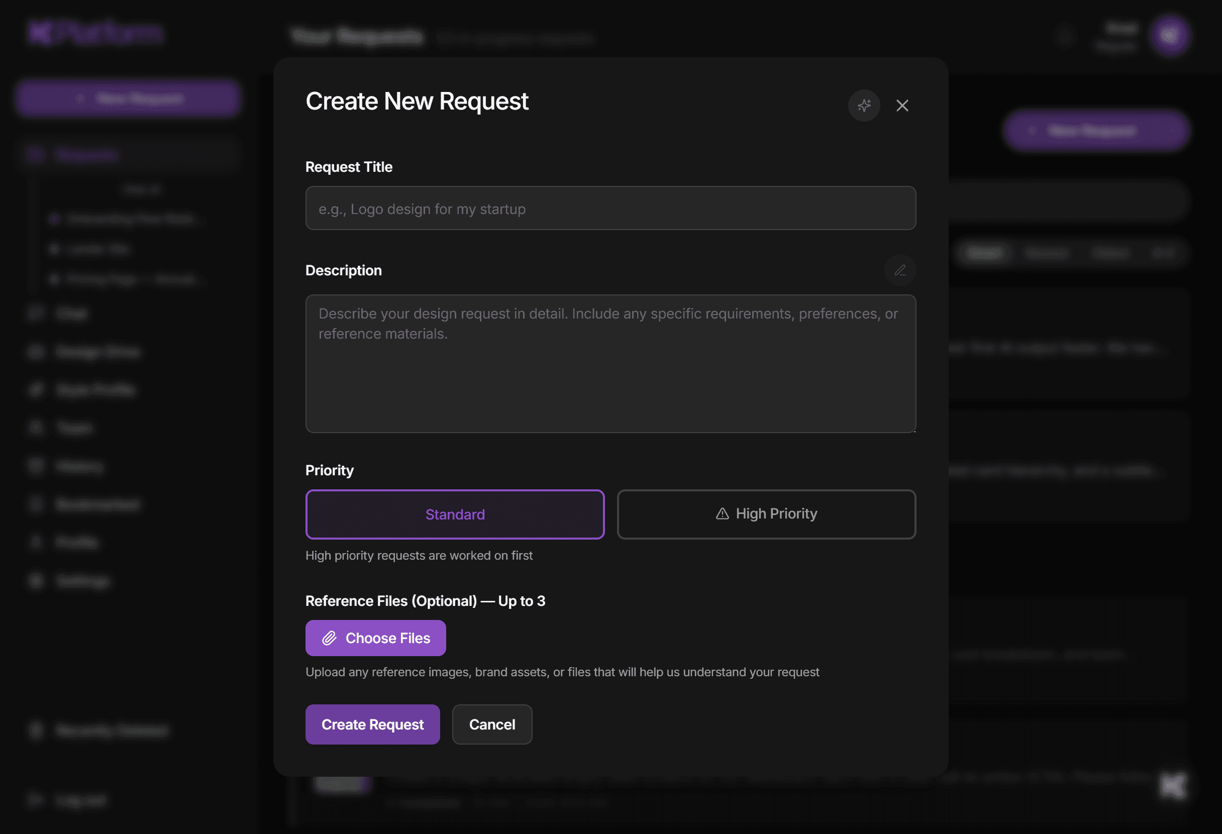 Knot Platform create new request form with fields for request title, description, priority level, and reference file uploads — simplified design request workflow for startup teams