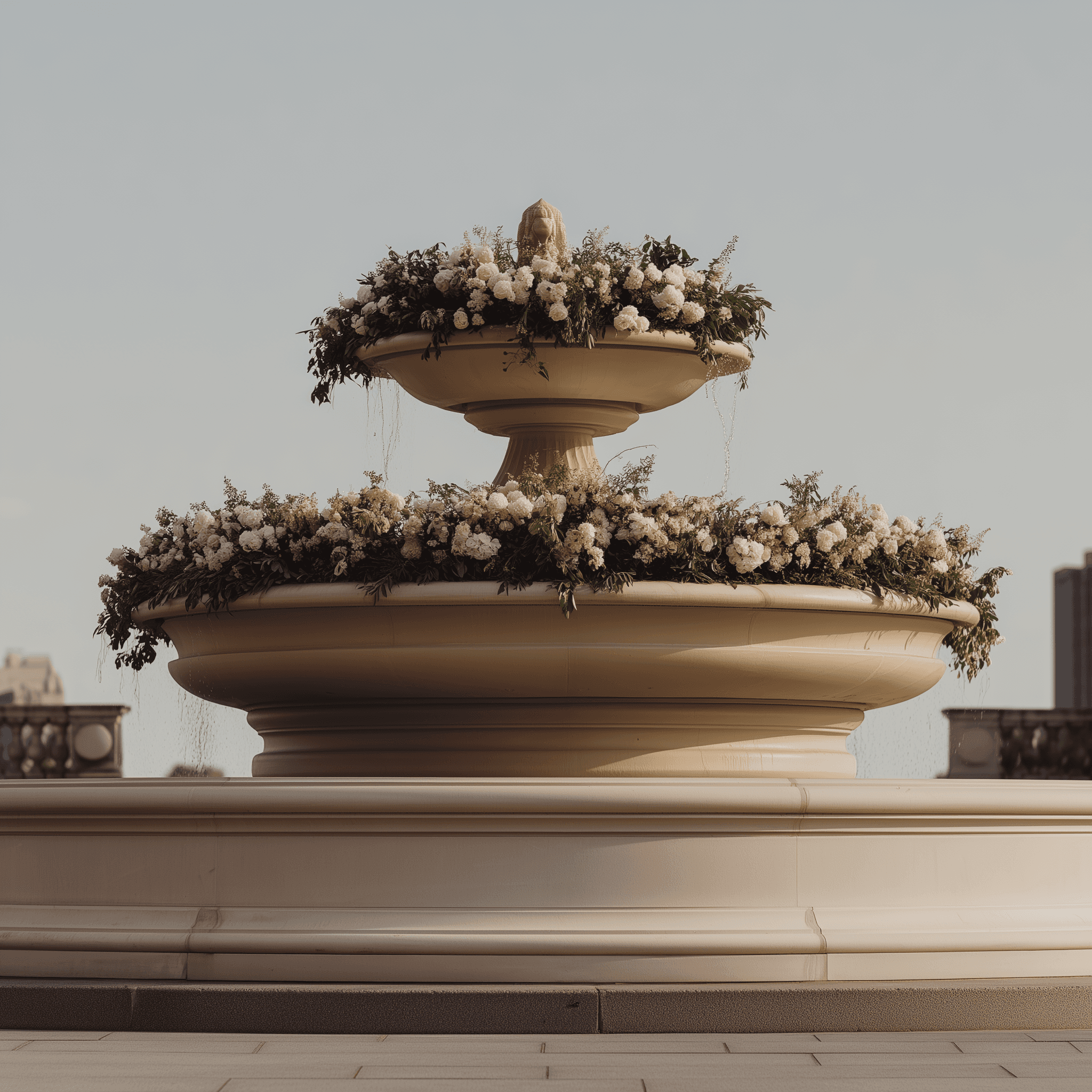 Tiered stone fountain decorated with white roses and greenery for wedding ceremony
