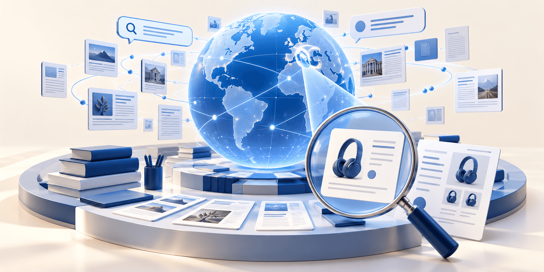 A broad AI search research globe narrows through a magnifier to a specific product page.
