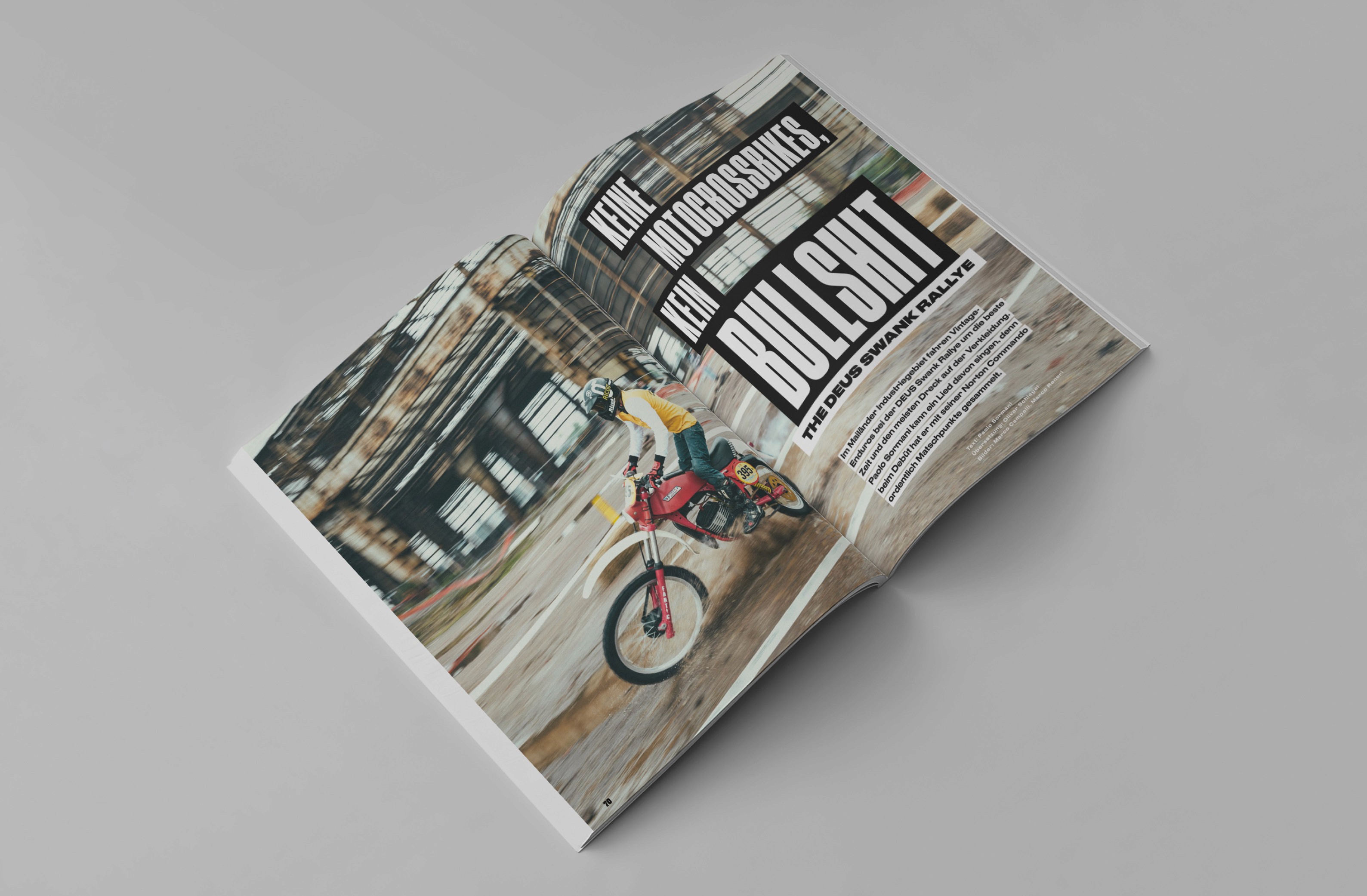 A vibrant motorcycle magazine spread featuring an action shot of a rider on a dirt bike, capturing the excitement of the Deus Swank Rallye.