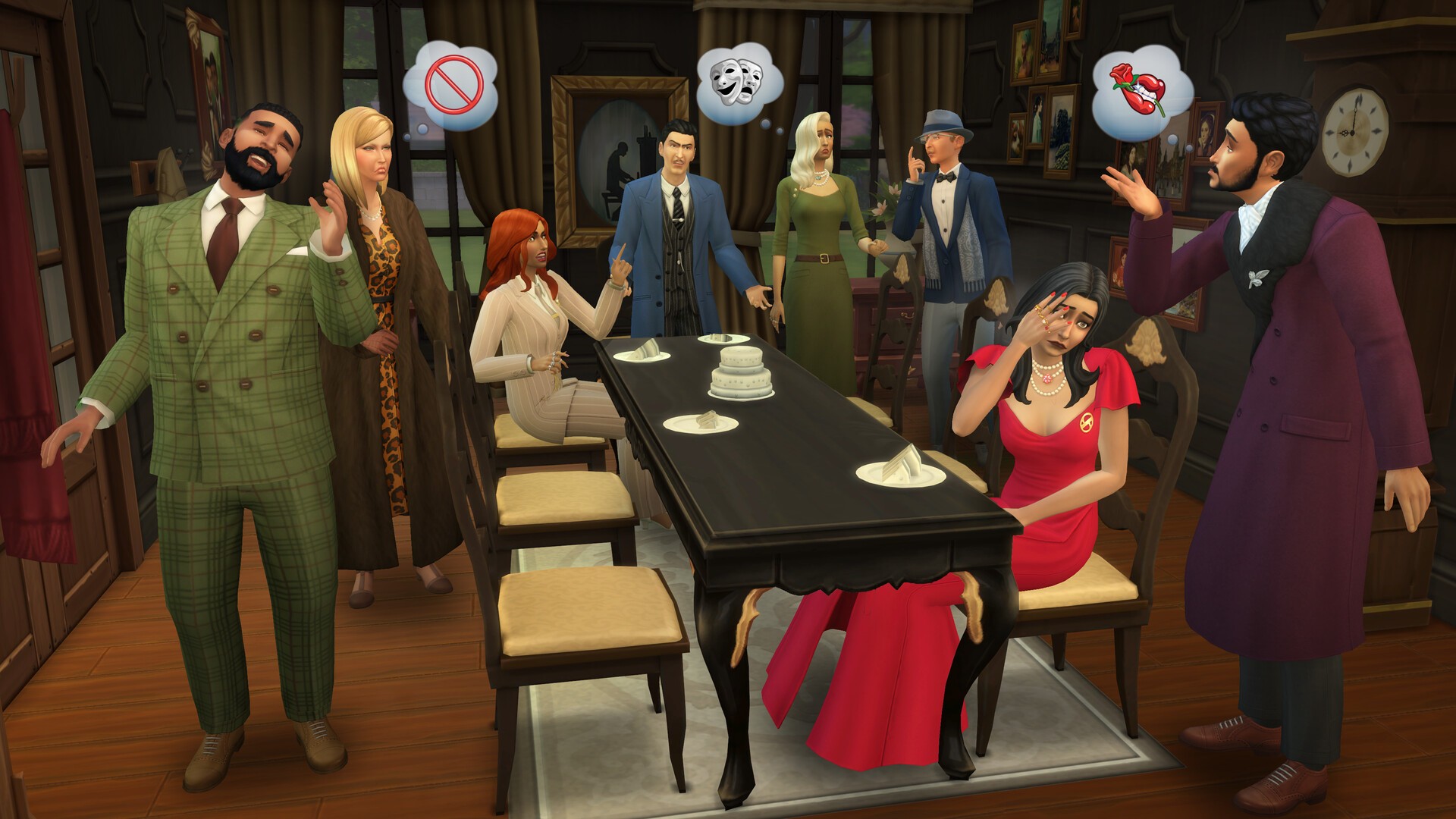 Screenshot Les Sims 4 Héritage et Royauté sur PC Mac EA App, scène de repas familial tendu avec conflits et émotions, gameplay narratif et relations sociales complexes