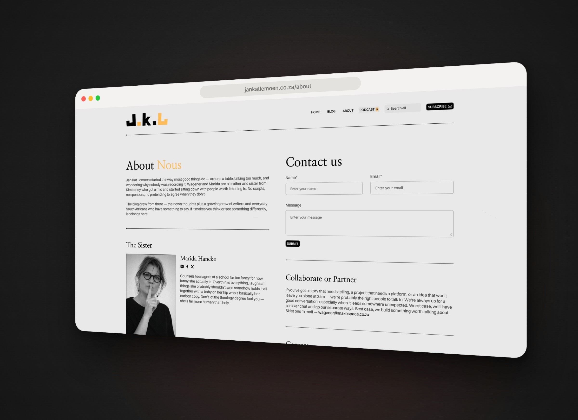 Jan-Kat-Lemoen about and contact page, shown in a browser