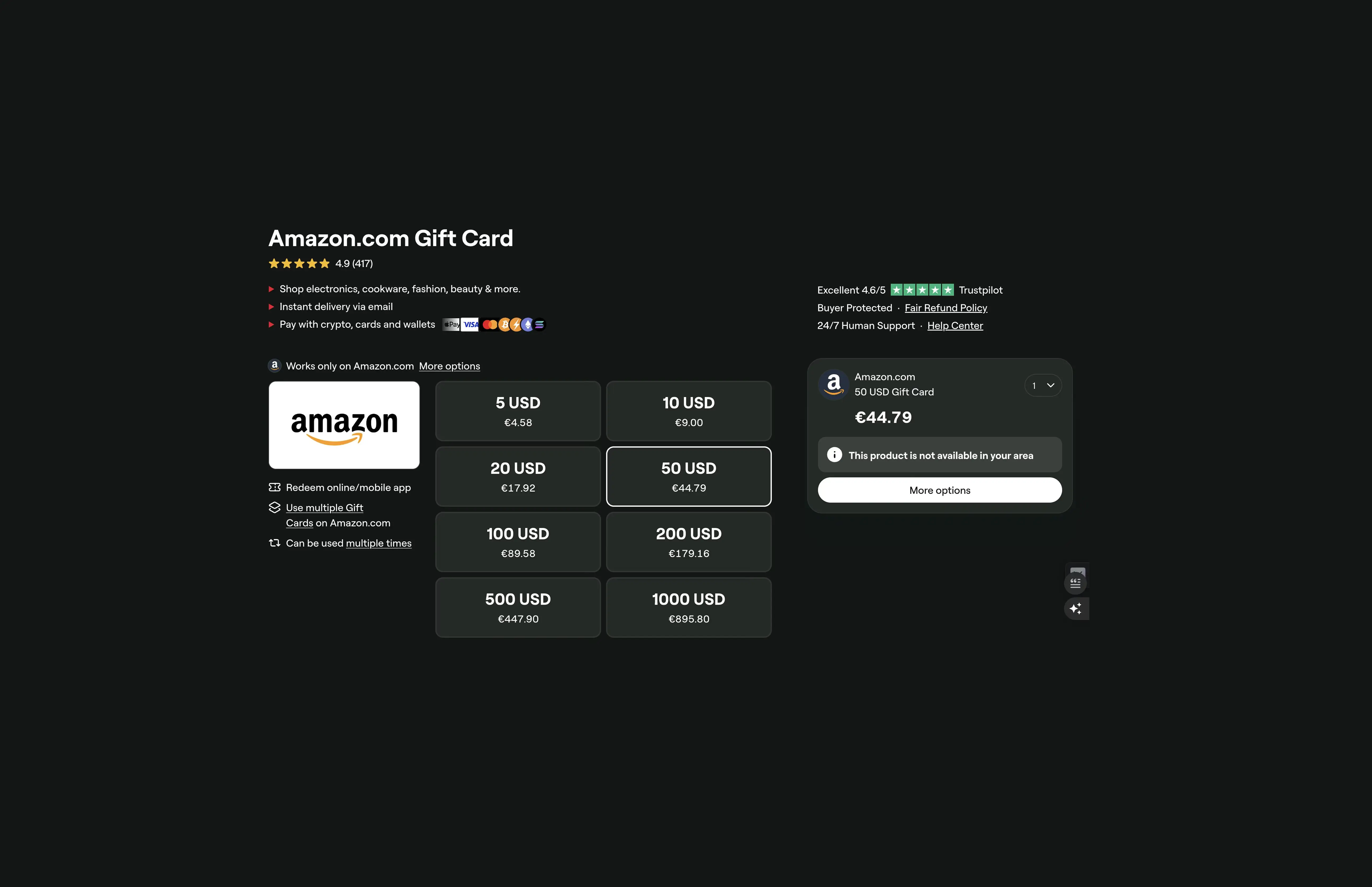 Amazon.com gift card purchase page showing denominations from $5 to $1000, payable with crypto, cards, or wallets
