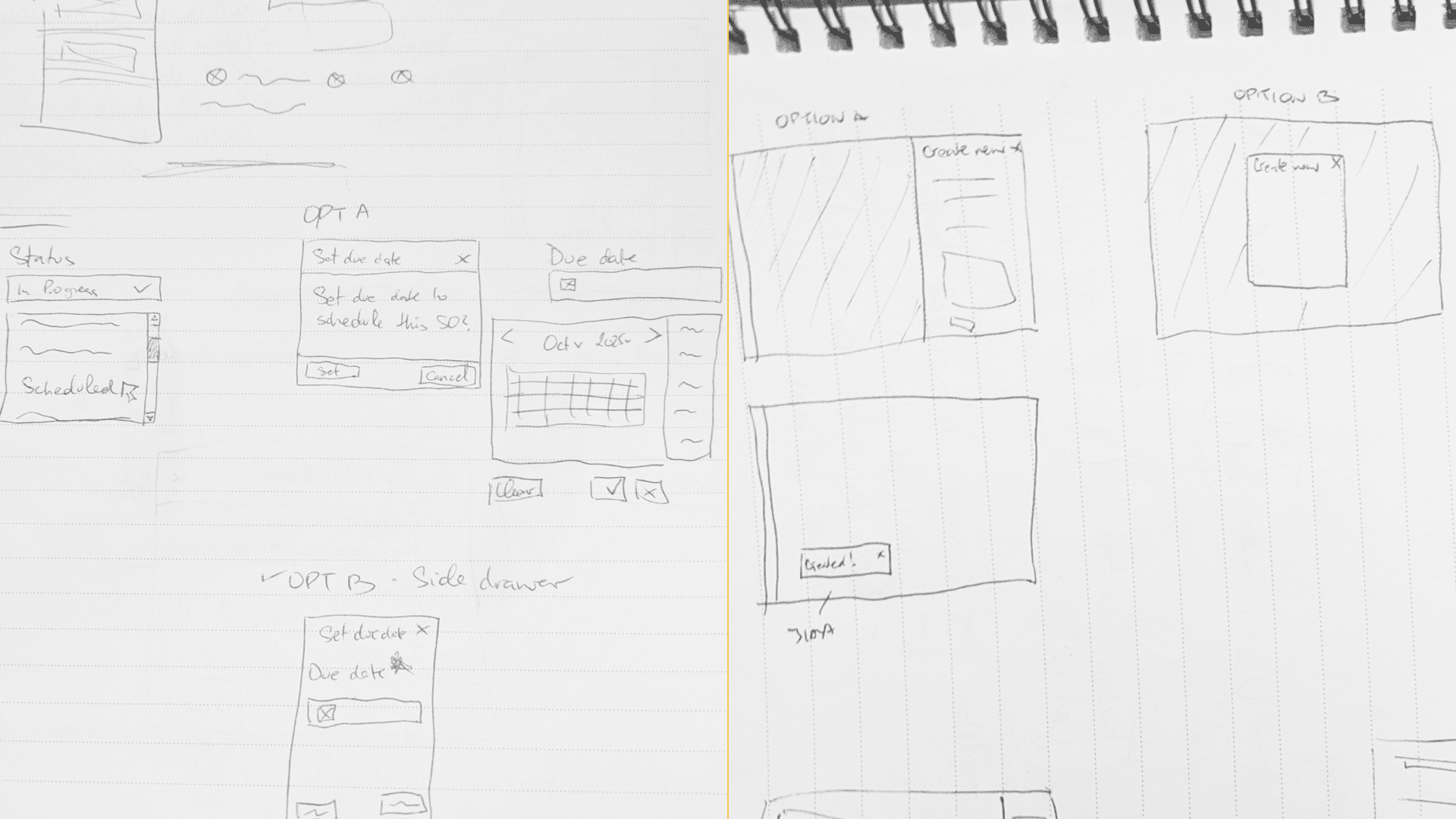 Image of hand drawn sketches of pop-up modal, side drawer, and due date UI component.