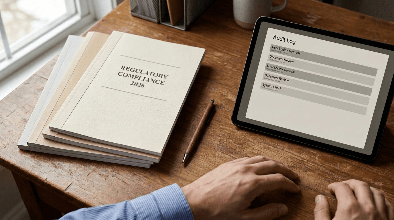 Overhead photograph of regulatory documents and a tablet showing an audit log interface, representing inspection-readiness for MLR review software.