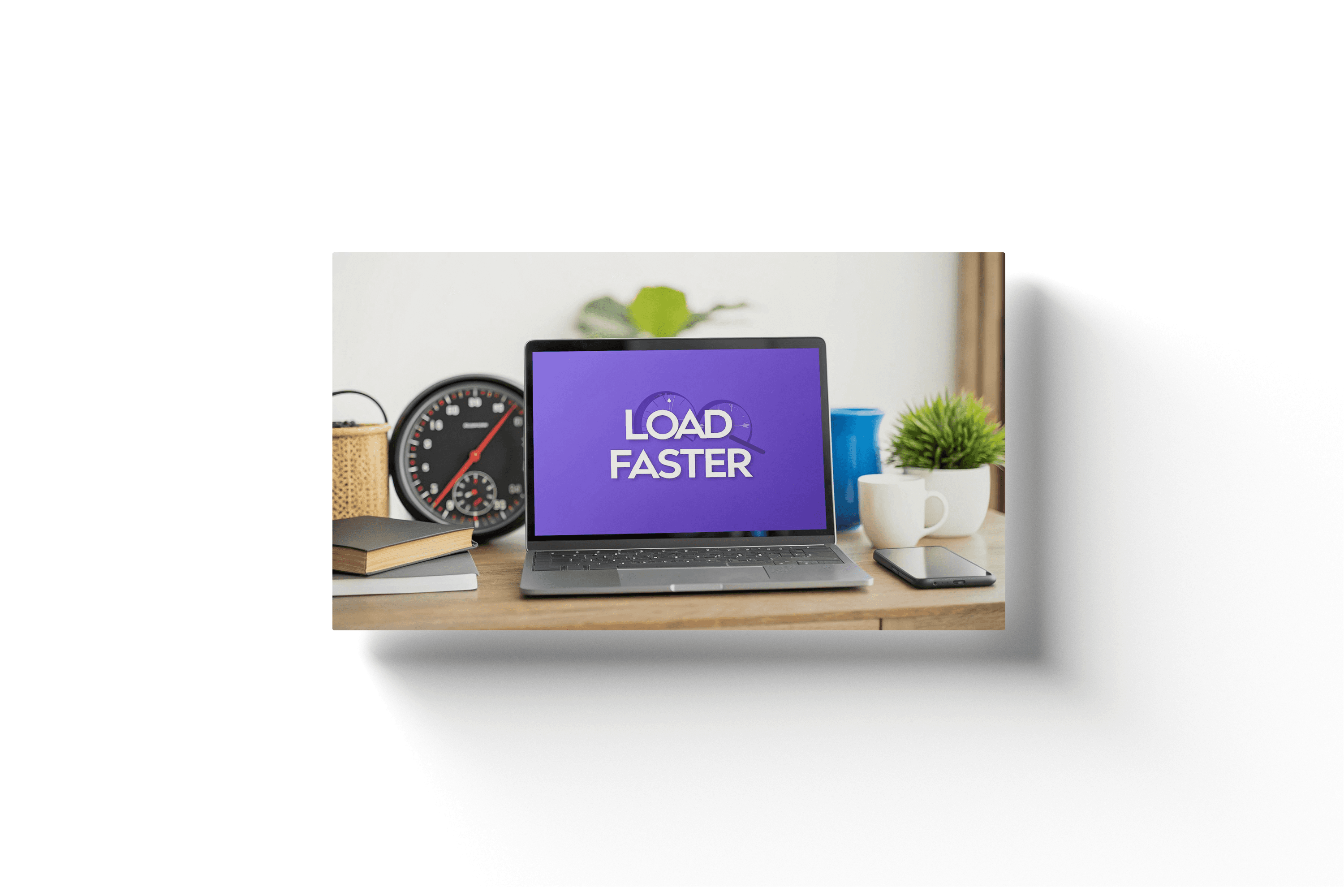 a purple laptop screen with the text 'load faster'