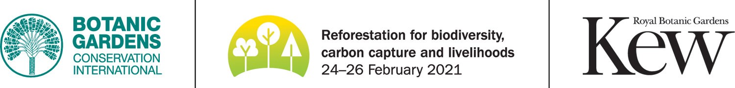 Logotipos do BGCI, do evento Reforestation for biodiversity de 24 a 26 de fevereiro de 2021 e do Kew