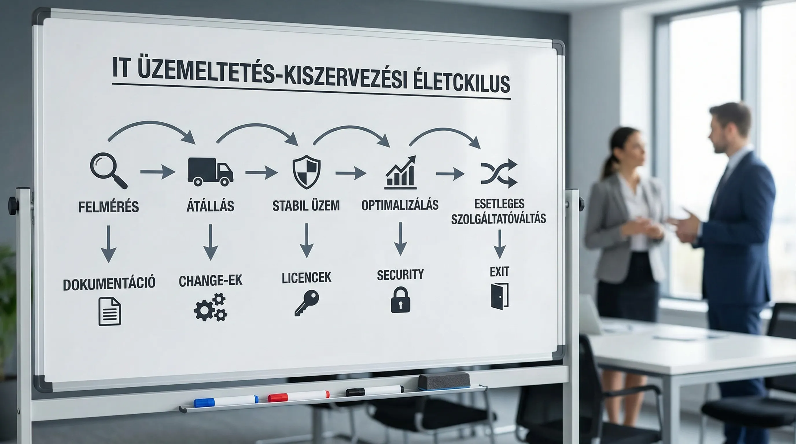 Egyszerű illusztráció egy IT üzemeltetés-kiszervezési életciklusról: felmérés, átállás, stabil üzem, optimalizálás, majd esetleges szolgáltatóváltás. Minden fázishoz egy-egy tipikus költségkategória (dokumentáció, change-ek, licencek, security, exit)...