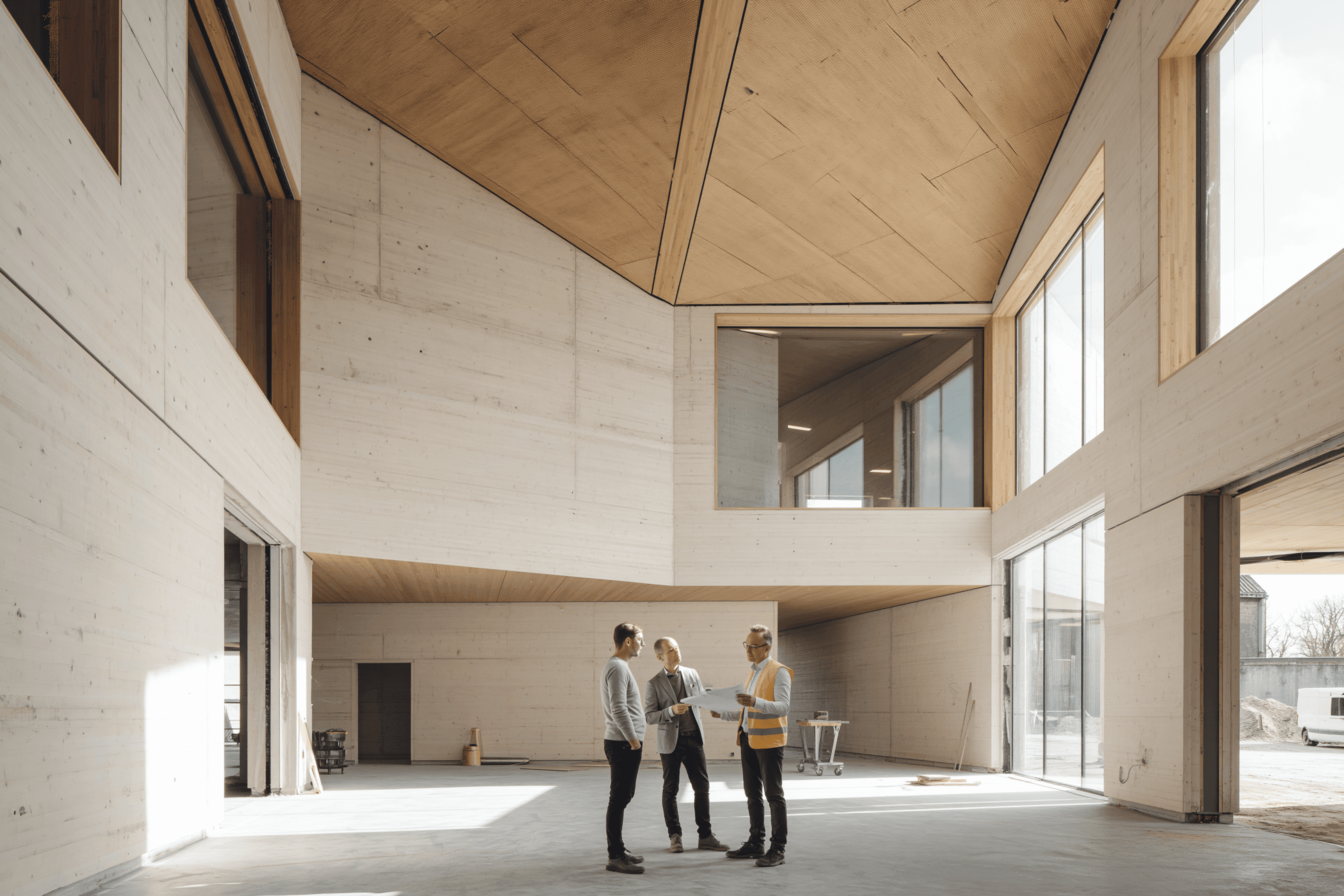 Two figures standing in a near-complete building interior, floor-to-ceiling glazing framing a dusk landscape beyond