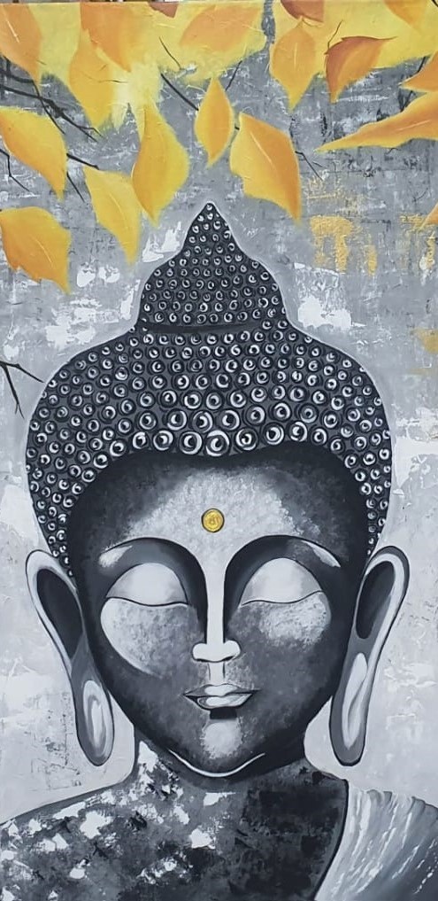 A poster color painting of buddha meditating under a tree sorrounded by yellow leaves.