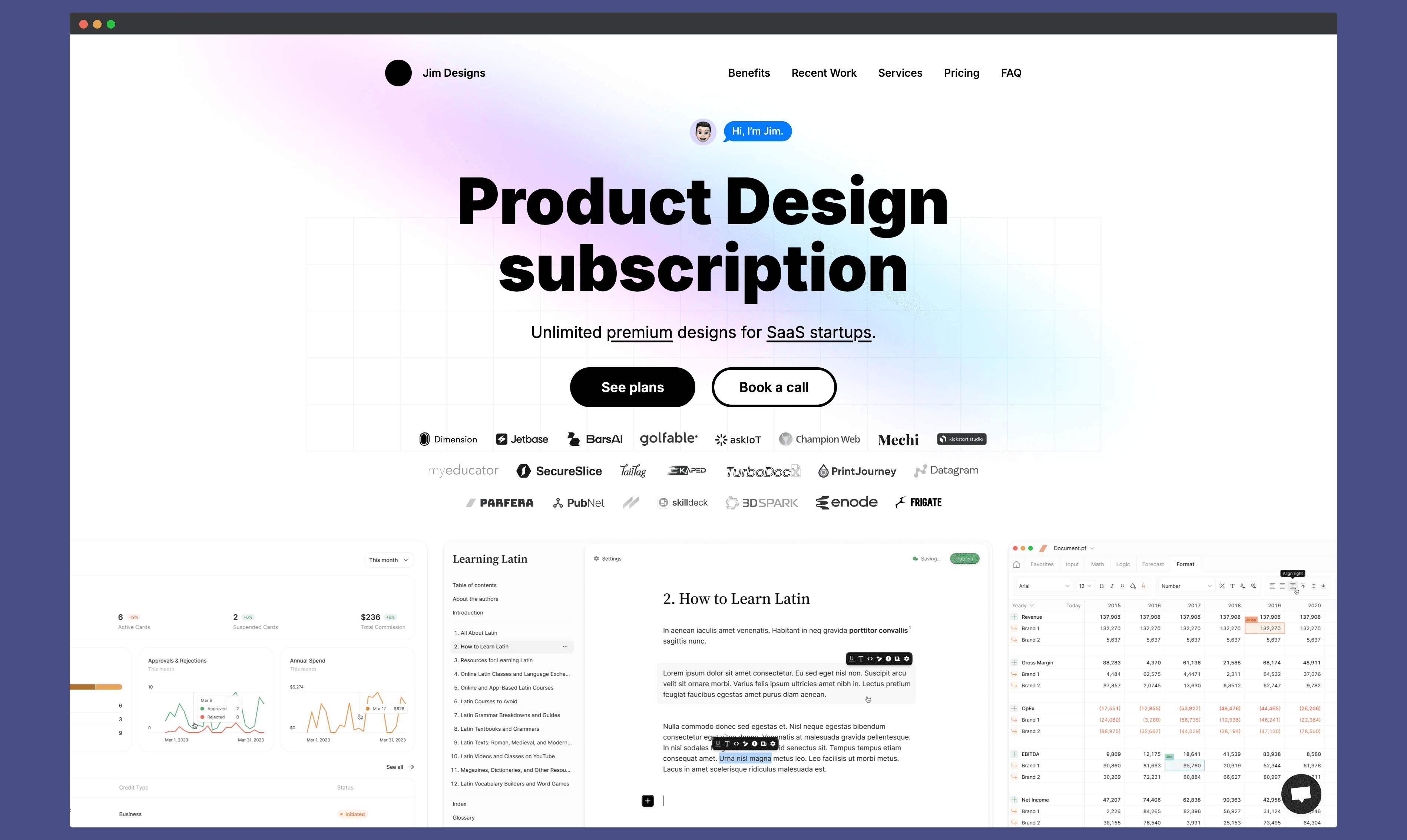 A screenshot of Jim Designs Landing page