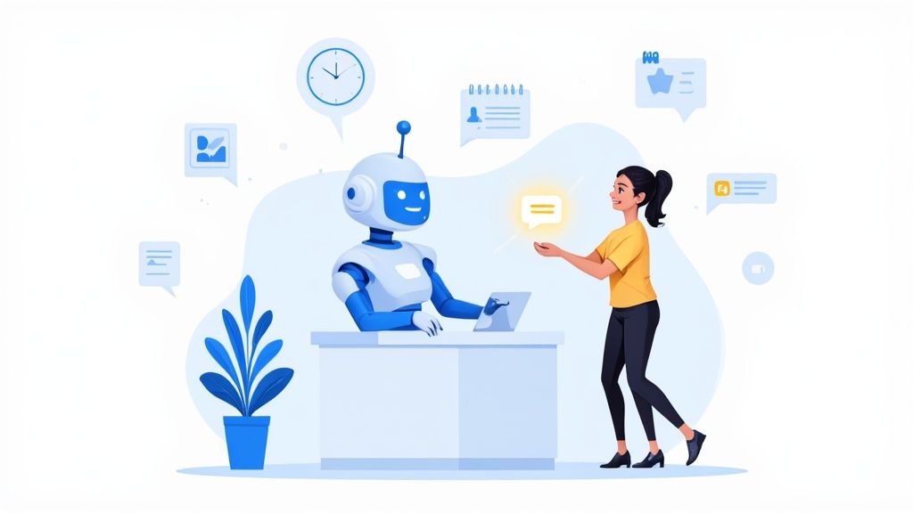 AI chatbot at a desk assisting a woman, surrounded by icons for communication, time, and tasks.