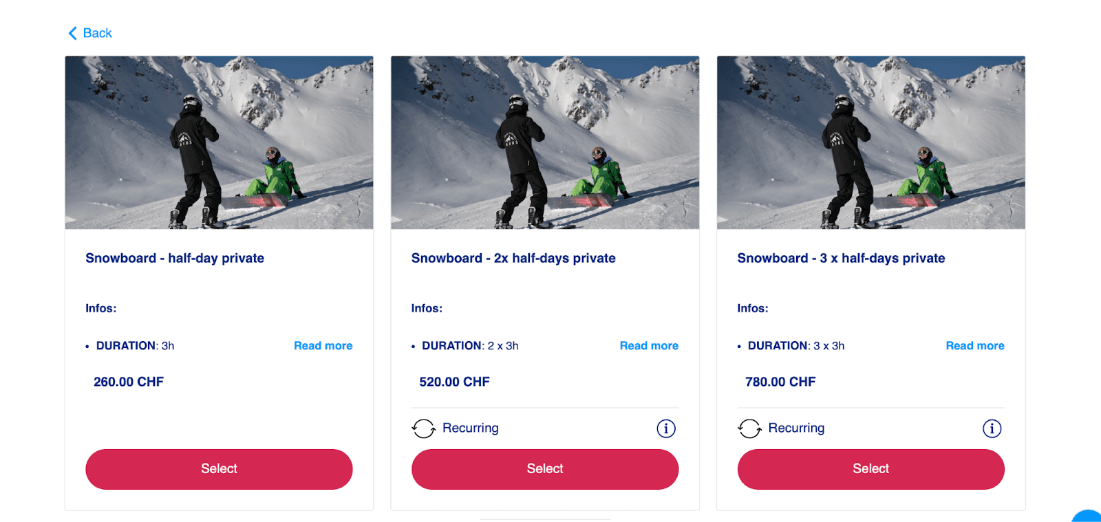 The Snow Experience online booking tool, the duration.