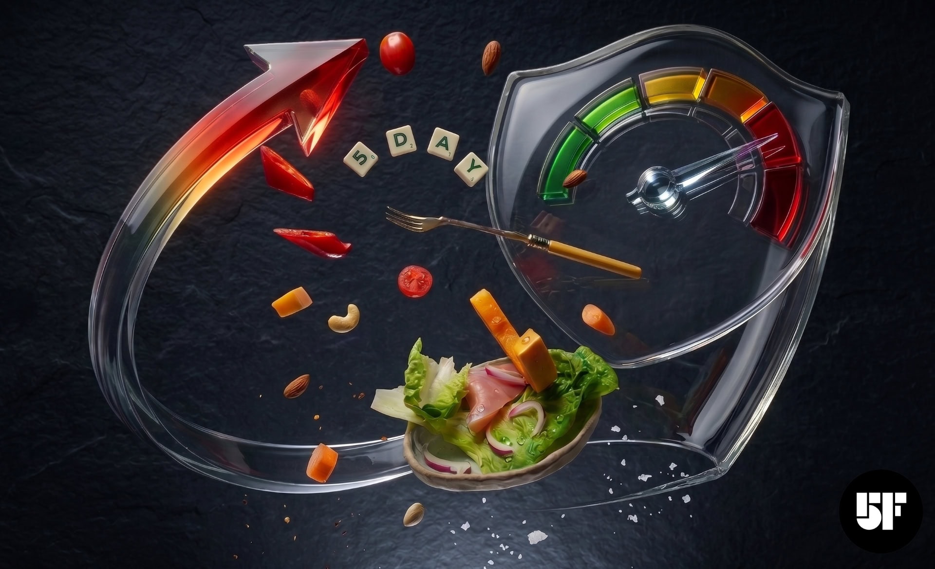 Een conceptual 3D-beeld met de tekst "5 DAY", omgeven door zwevende gezonde etenswaren en een prestatieschild