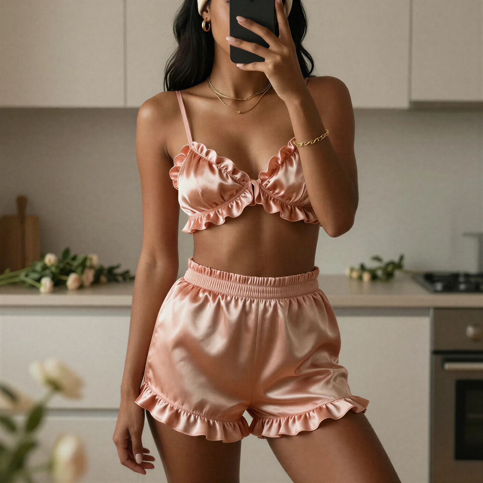 Woman with medium-deep skin tone wearing blush satin lingerie set.
