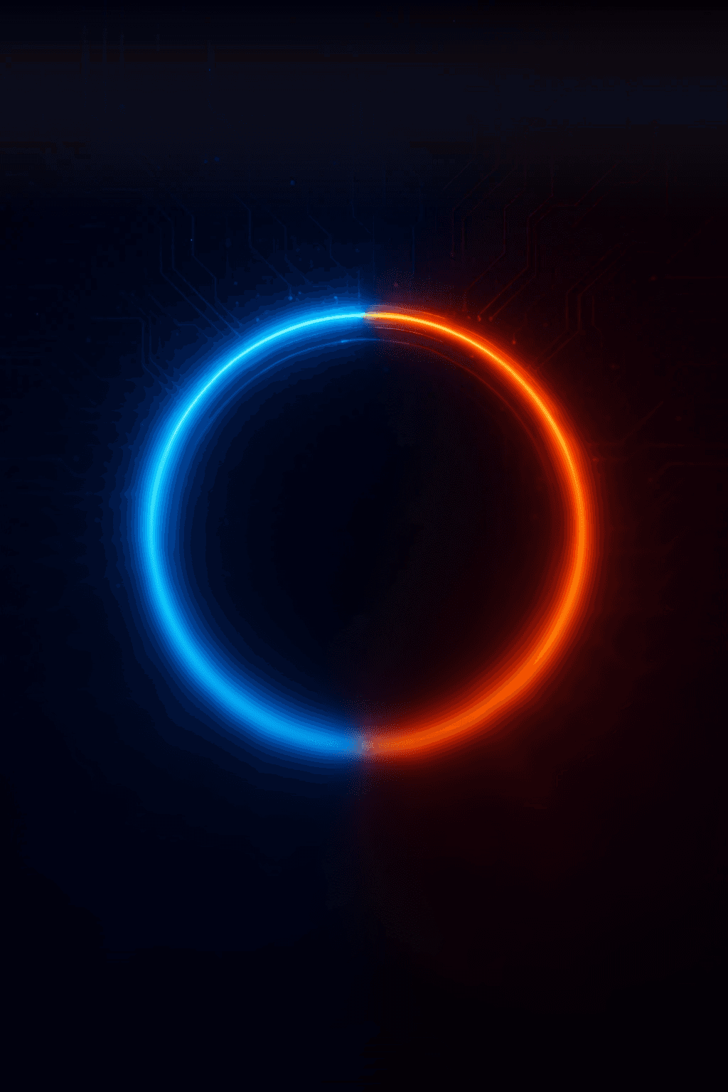 A sleek, minimalist wallpaper features a perfect circle, split evenly with a vibrant blue glow on the left and a fiery orange glow on the right. The background is a dark, almost black, color with subtle, intricate circuit board patterns in a faint blue, suggesting a high-tech, digital theme. The contrast between the cool blue and warm orange creates a striking visual balance.