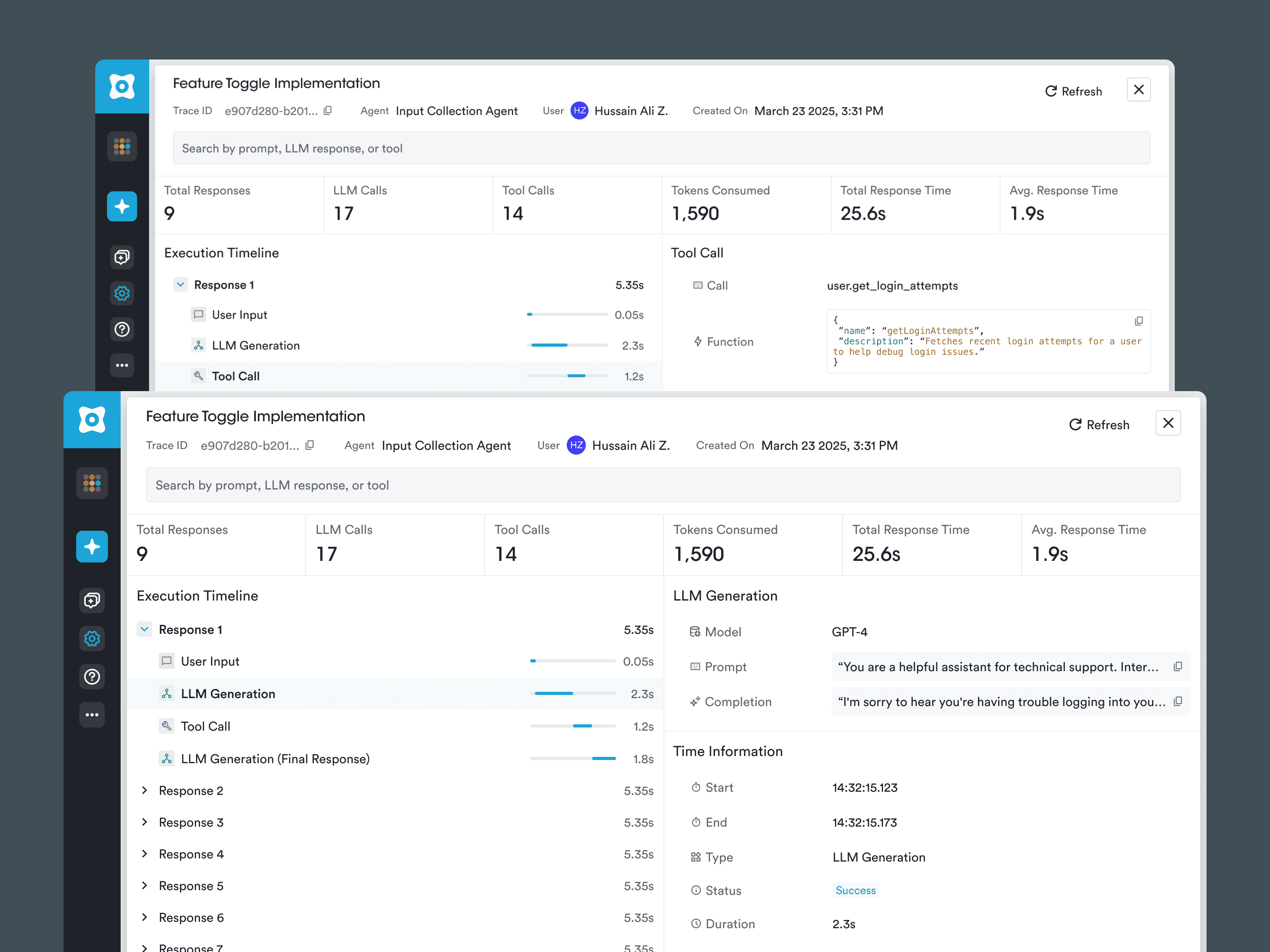 Agent trace response breakdown with the Tool Calls and LLM Generation tabs shown