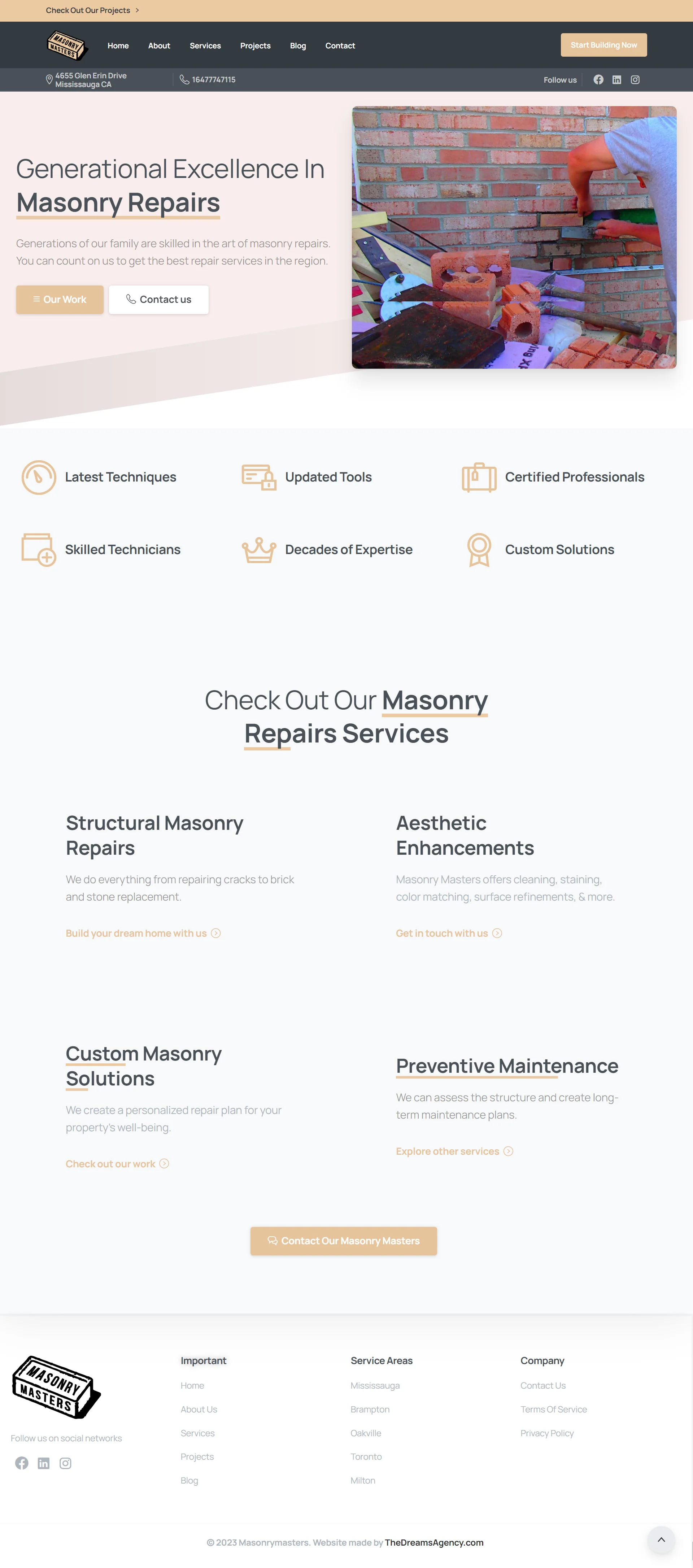 Masonry Repairs page for Masonry Masters website developed & designed by Dreams Agency Mississauga, Ontario