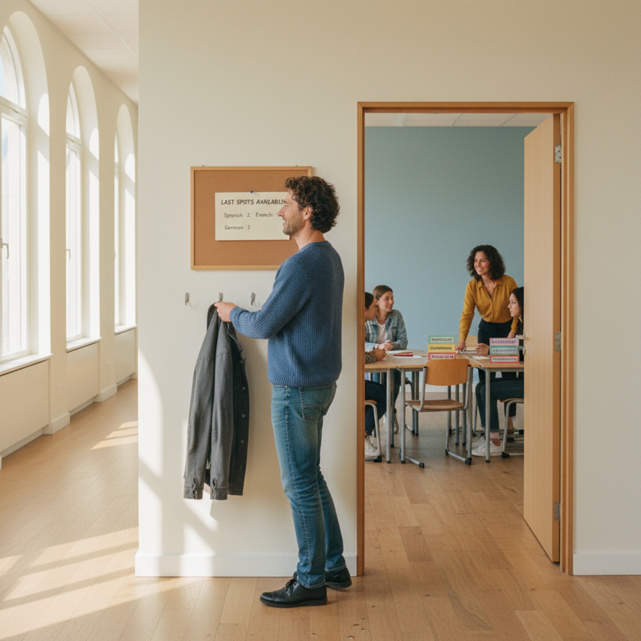 Vor einem Klassenraum hängt eine Liste mit wenigen freien Plätzen. Ein neuer Teilnehmer hängt die Jacke auf, innen wird ein Stuhl dazugestellt. Auf dem Pult liegt ein Stapel Willkommenskarten. Es fühlt sich offen an, als würde gleich jemand dazustoßen.