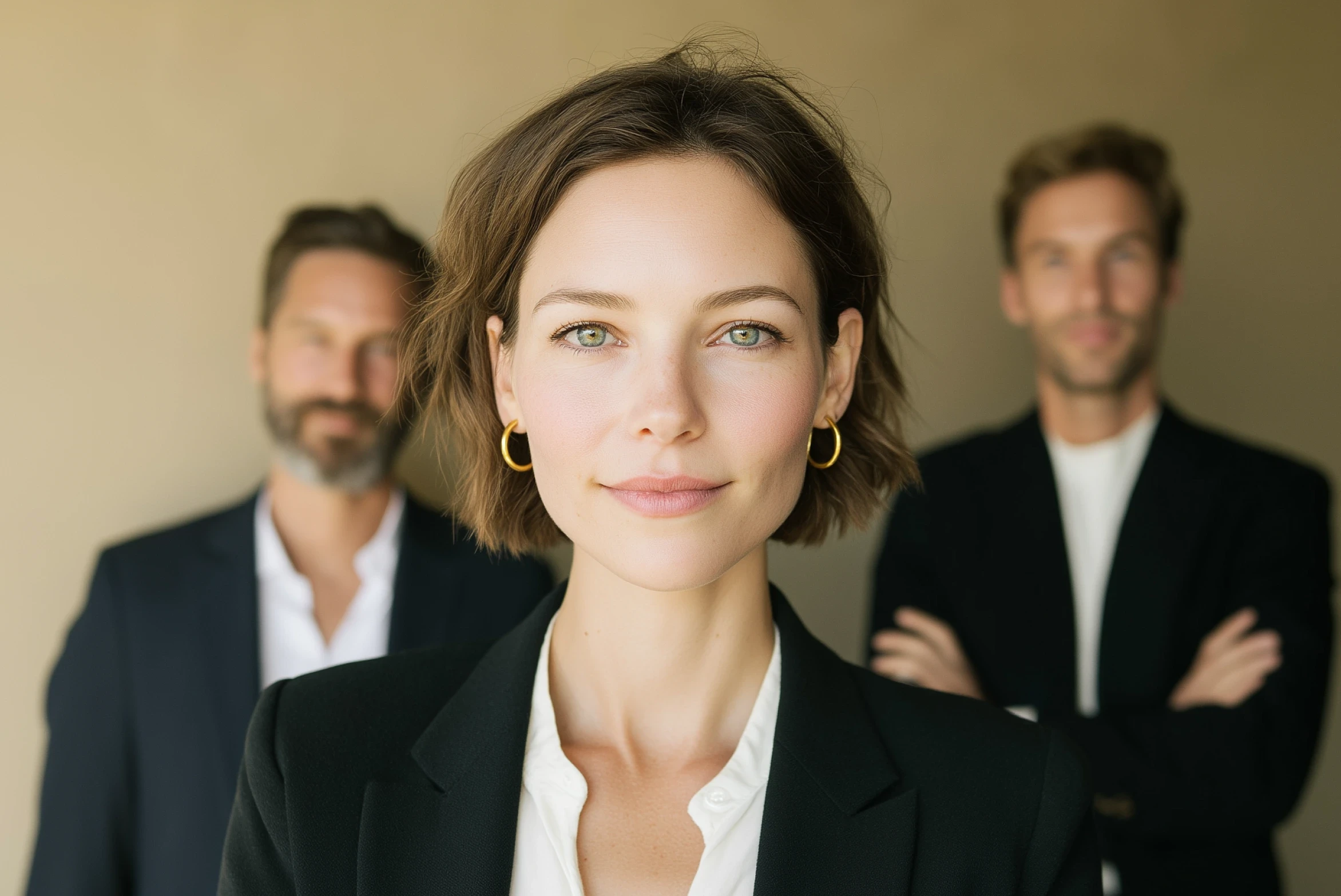 Female lawyer in front with two male lawyers behind