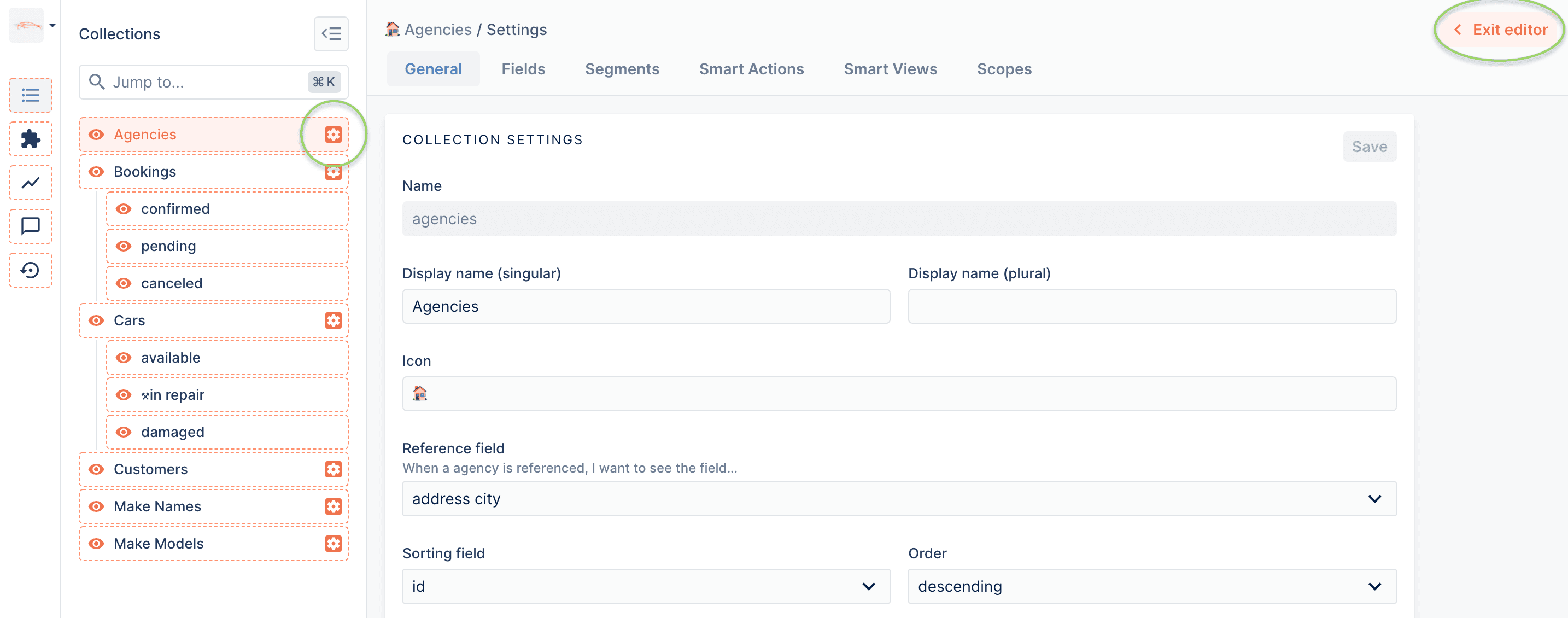 The collection settings in Forest Admin.