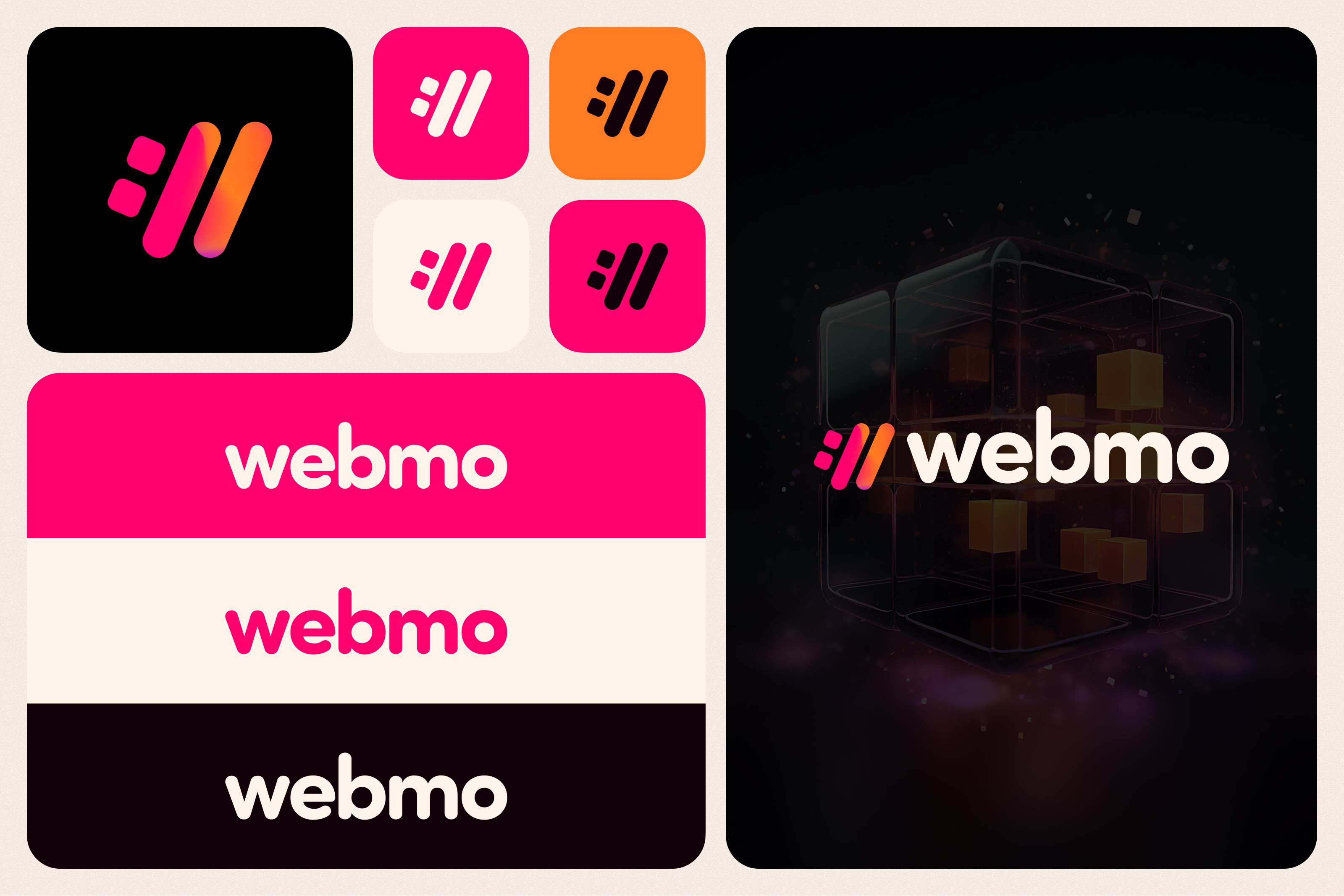 A bento design of the Webmo logo showing different boxes containing different color variations of the logo icon. One box showing 3 color variations of the Webmo logo type and one big box showing an AI-generated image in the background and the Webmo full logo lockup with the Webmo icon being the wholly inspired color palette. 