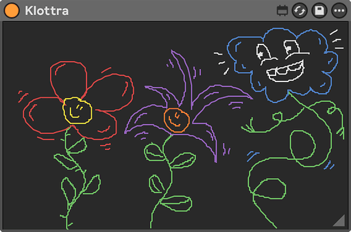 Klottra Max for Live device showing colorful flower doodles on a dark canvas, demonstrating the curated color palette.