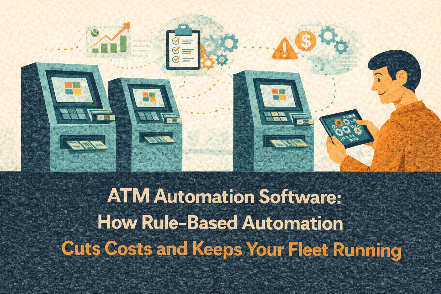 Flat-style digital illustration showing three ATMs connected through dotted lines to a central checklist and gear icons, representing rule-based automation across an ATM fleet. A person on the right monitors the system using a tablet displaying analytics and controls. Additional icons such as warning symbols, cost indicators, and performance charts highlight efficiency and uptime. The background is light beige with navy, teal, and orange tones, and a navy-blue bar at the bottom displays the blog title in bold white text: ‘ATM Automation Software: How Rule-Based Automation Cuts Costs and Keeps Your Fleet Running’.