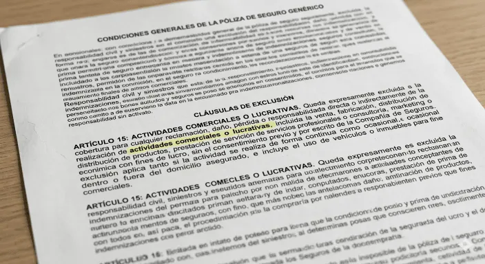 Exclusión de actividades comerciales y lucrativas en las condiciones de un seguro de hogar básico.