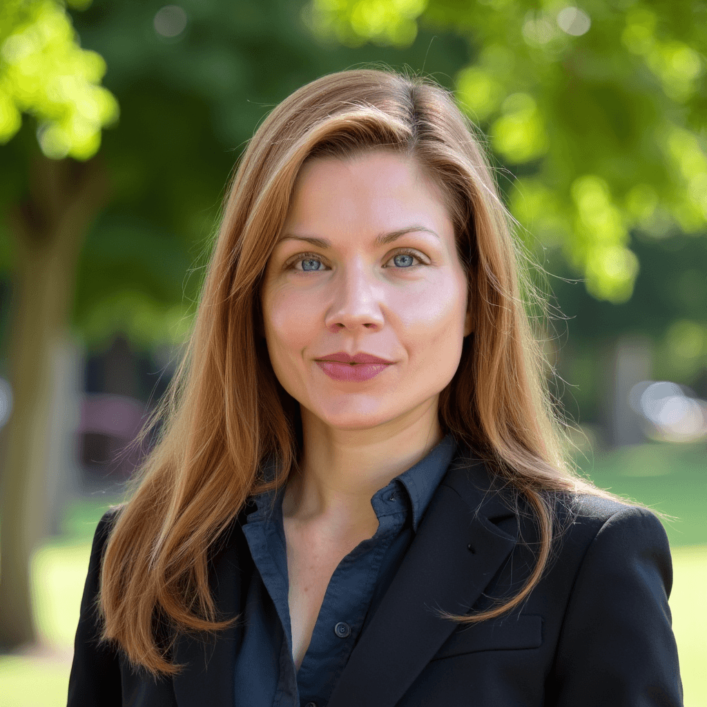 Outside portrait of system strategist Tosca de Jong in a sunny park in 2024.