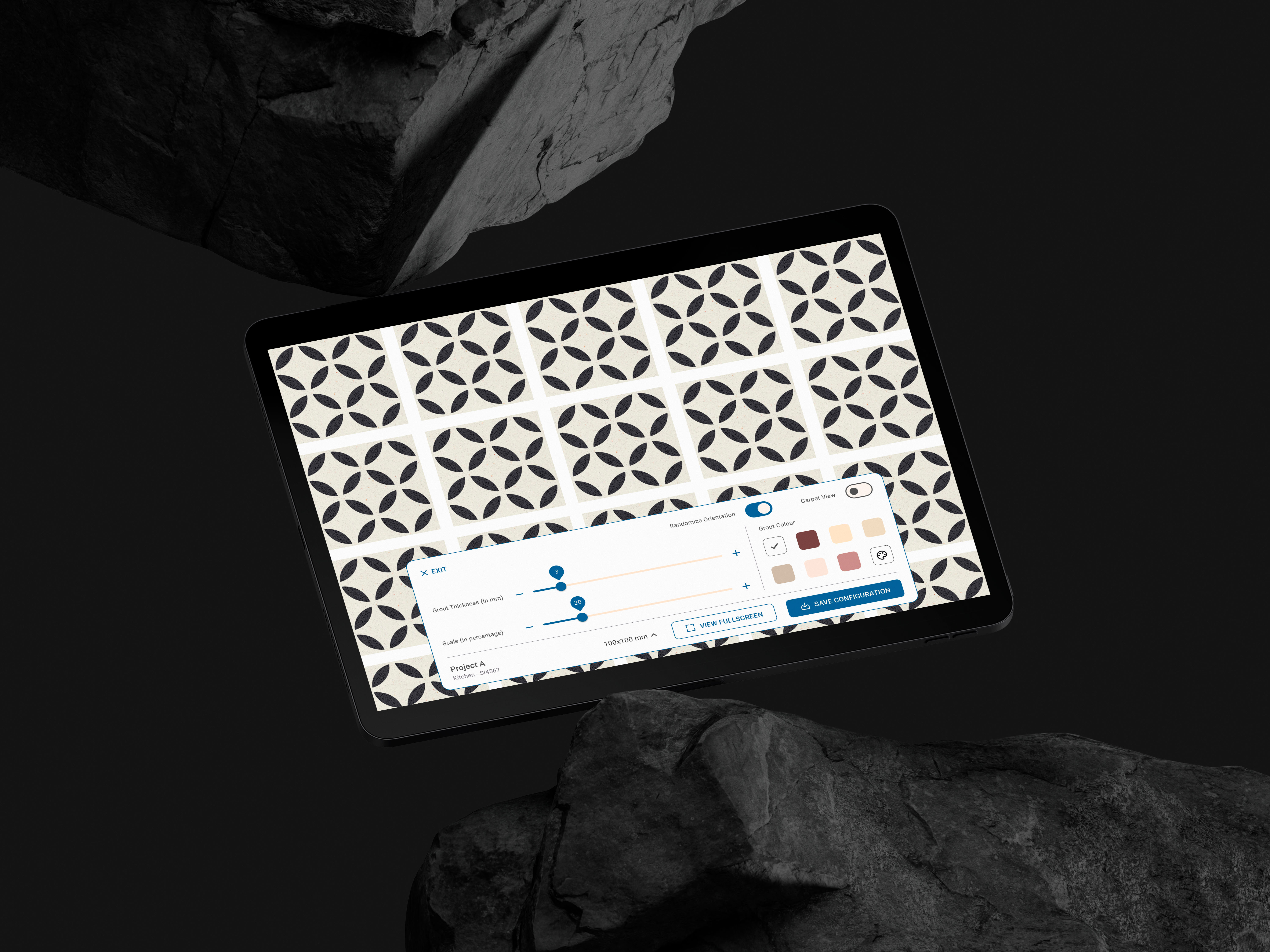 Tablet showcasing tiled pattern designs with visual editing interface