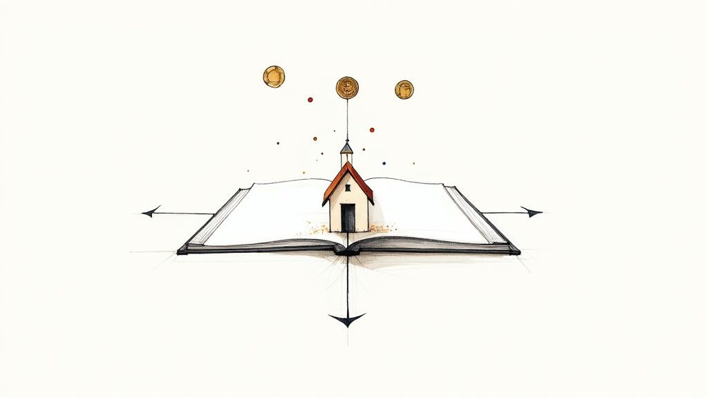 Open book with small church building and golden coins symbolizing church financial accountability