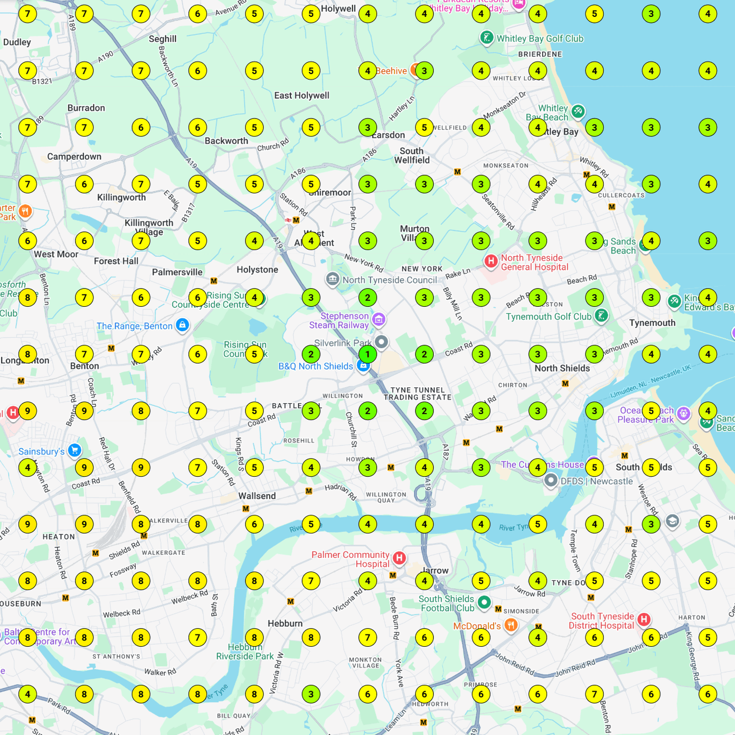 Map scan on 20 March 2026 for party bus hire in Newcastle, top 3 across 23.08% of the map