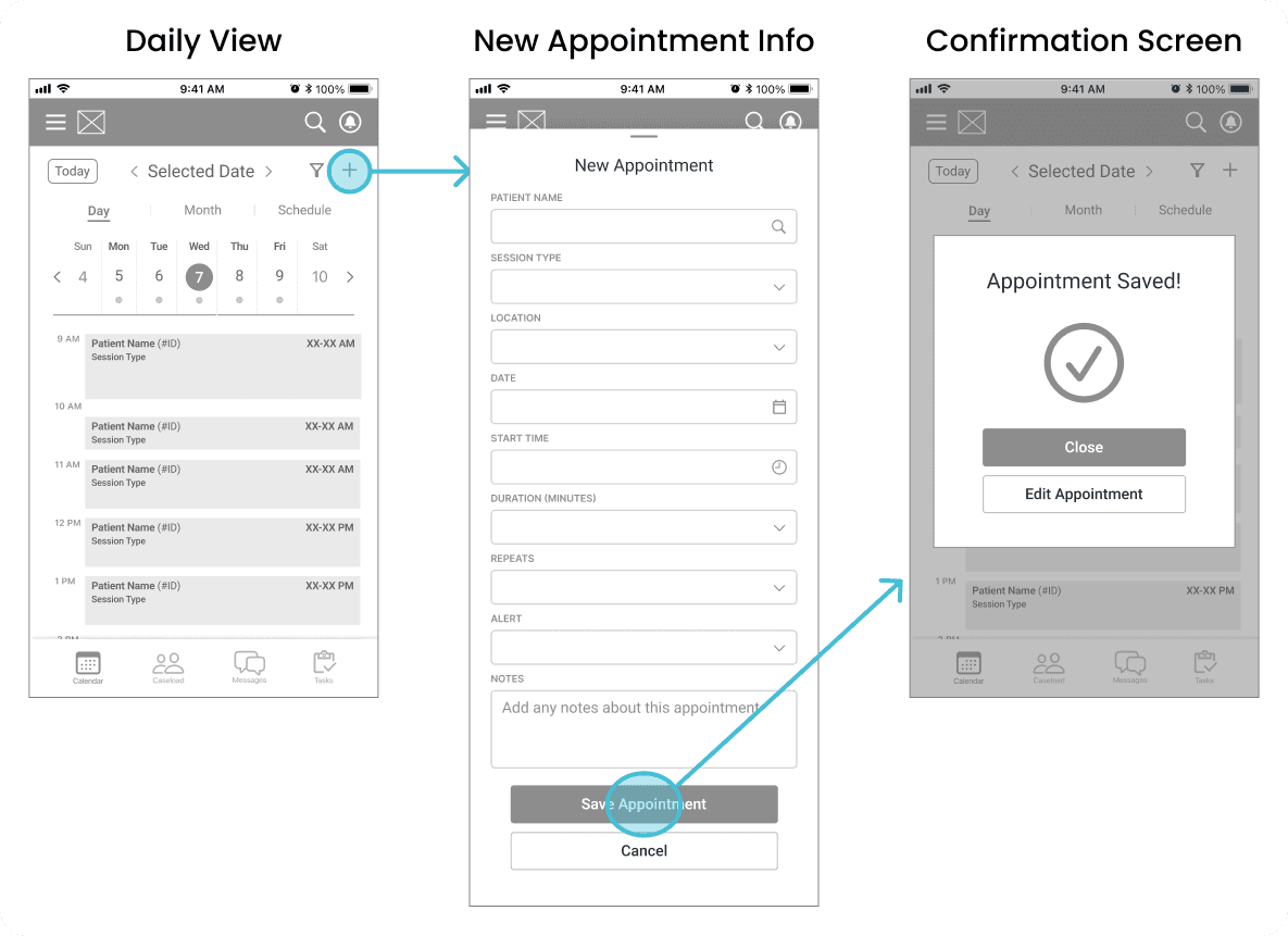 Mid fidelity wireframes showing "create an appointment" flow