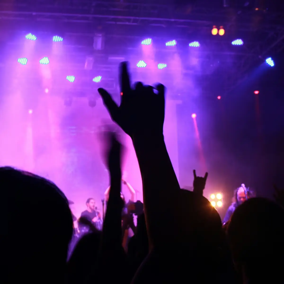 Silhouette of a raised hand at a live music event, lit by warm stage lights, representing shared experience and collective energy