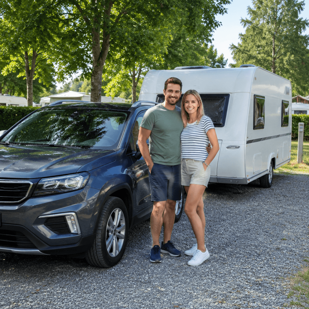 Paar vor Auto mit Wohnwagen auf dem Campingplatz